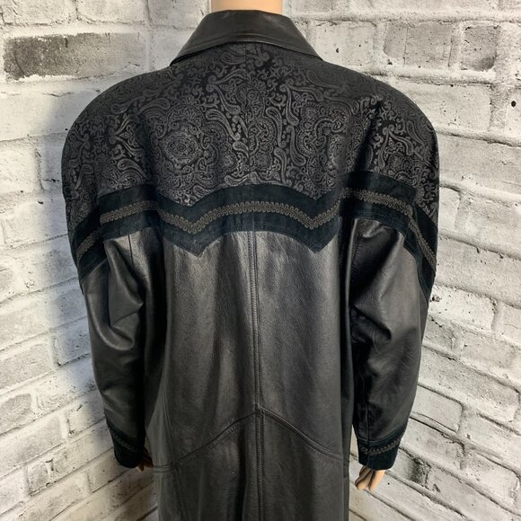 Vintage 80s 90s Leather Suede Trench Coat Long Medium Black Maxi Retro Overcoat - Picture 8 of 16